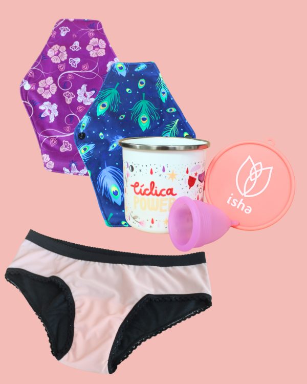 Kit bienestar completo (Copa menstrual + vaso esterilizador + Olla esmaltada + cacheteros clásicos + pack x 2 toallas)